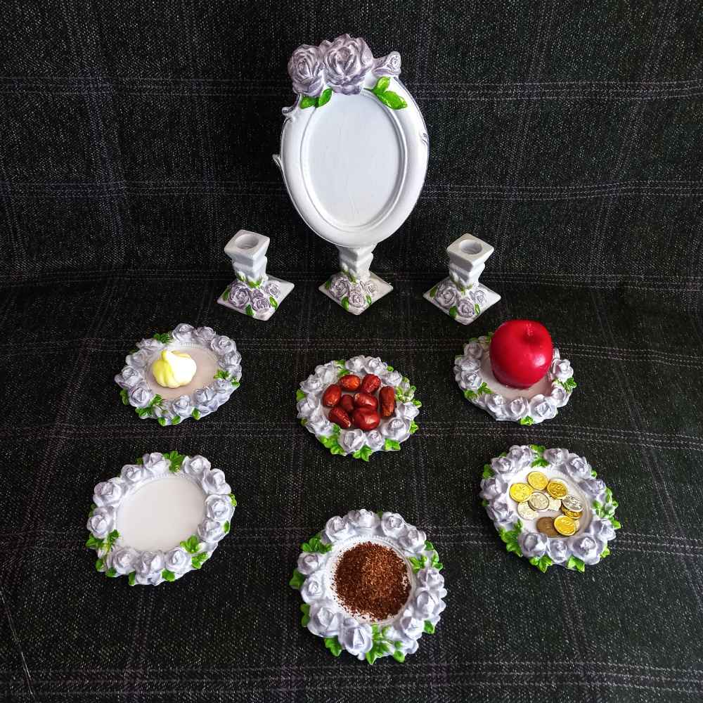 Set de plats Haftseen adapté pour la célébration de Nowruz, Rose (9 pièces)