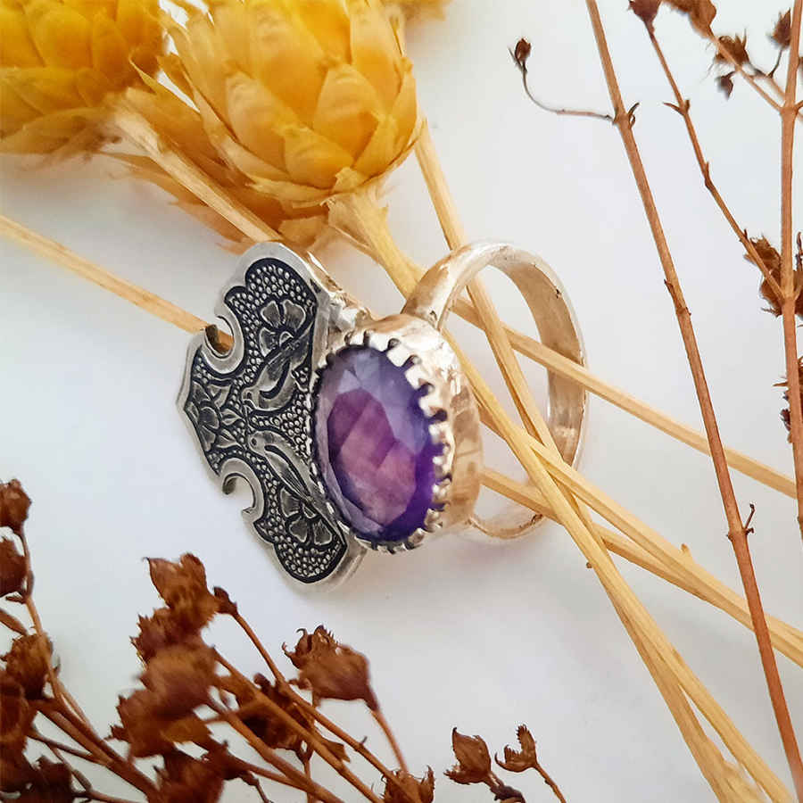 Bague en argent avec améthyste pour femmes, traditionnelle persane, violette