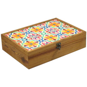 Boîte organisatrice en bois pour thé avec tiroirs et motif persan Fleurs