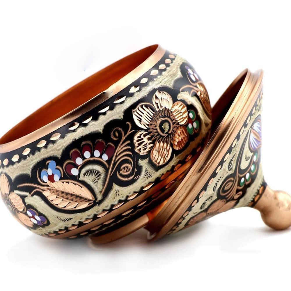 Sucrier persan artisanal en cuivre avec couvercle – Émail Minakari Lana