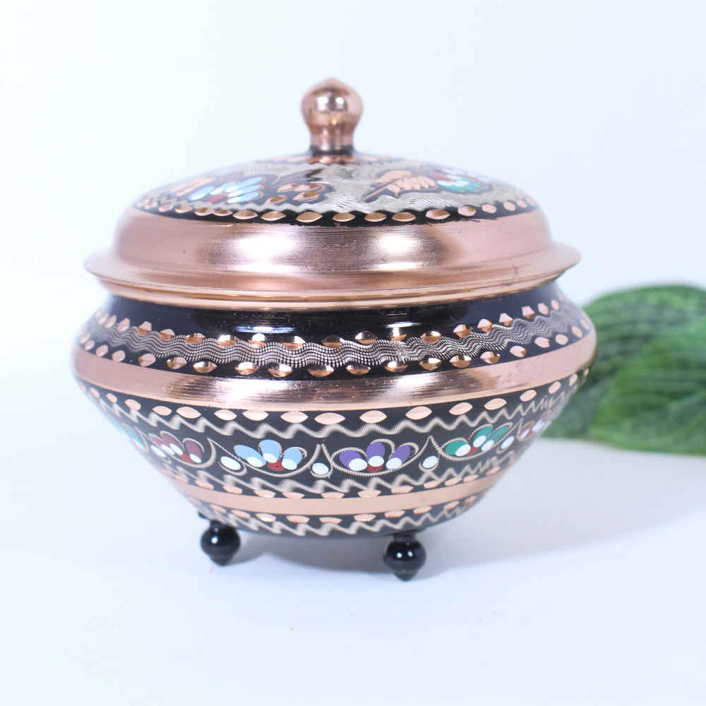 Sucrier persan artisanal en cuivre avec couvercle – Émail Minakari Royan