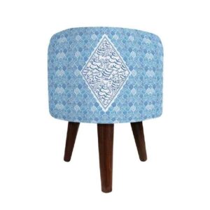Pouf rond en velours avec pieds en bois inspiré de l’art persan bleu Calligraphie