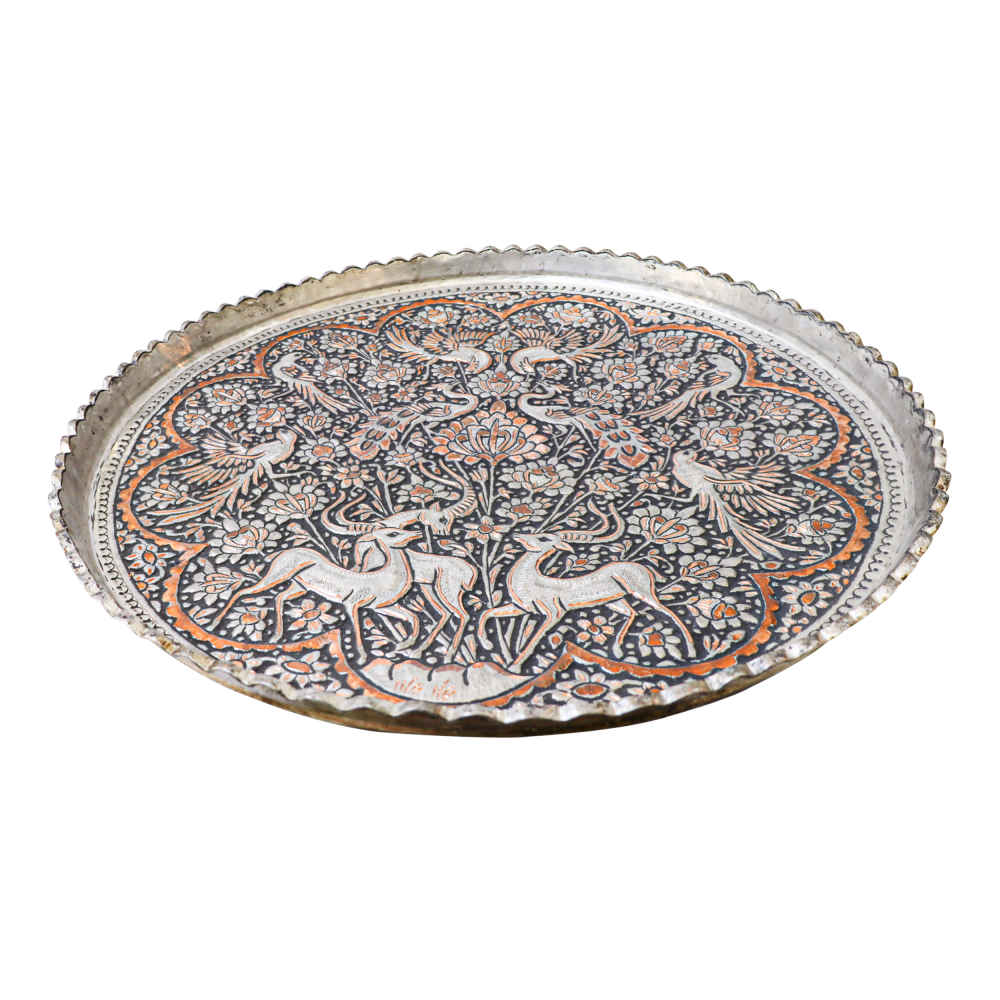 Plateau en cuivre décoratif gravé à la main avec art artisanal persan Ahoo