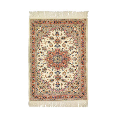 Tapis persan noué main Ardakan Nahal – Médaillon floral, laine crème