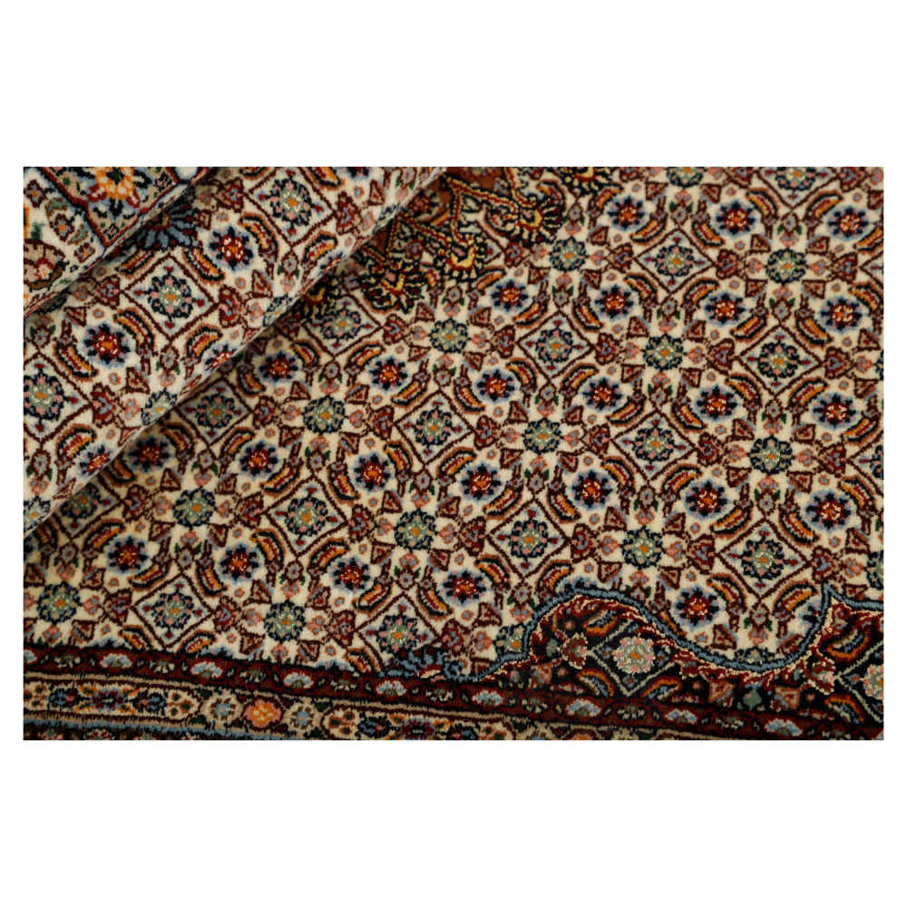 Tapis en soie persan noué à la main original à Golabetoon Riz Mahi brun