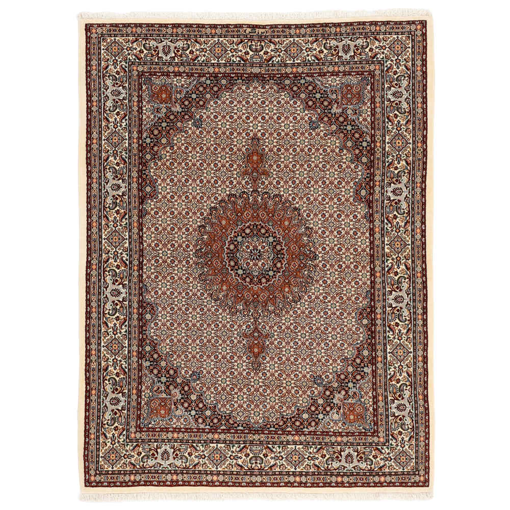 Tapis en soie persan noué à la main original à Golabetoon Riz Mahi brun