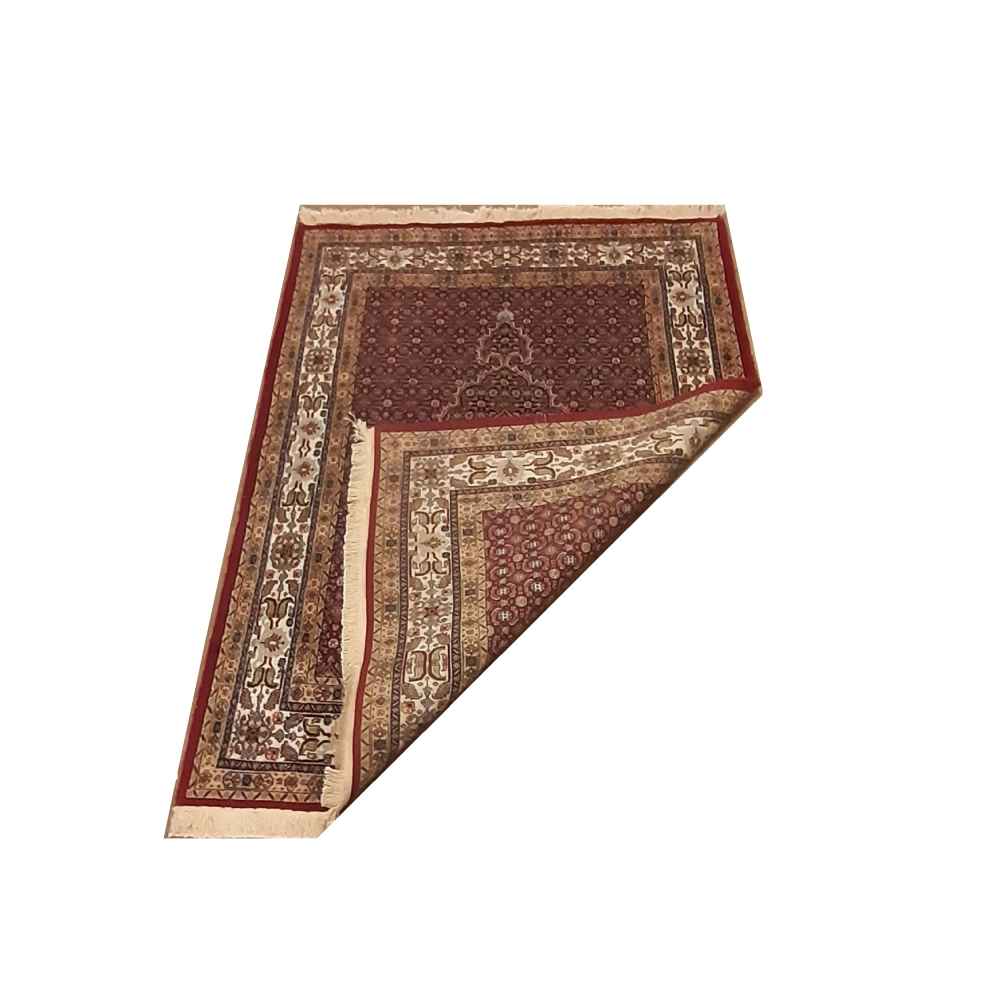 Tapis persan authentique avec soie noué à la main Riz Mahi rouge