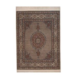 Tapis en soie persan noué à la main Riz Mahi à Birjand brun