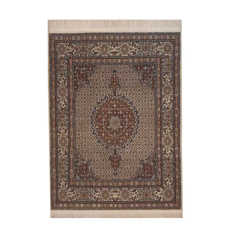 Tapis en soie persan noué à la main Riz Mahi à Birjand brun