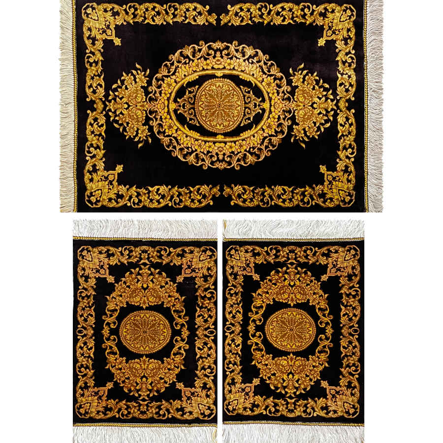 Nappe en Soie Nouée à la Main Thème Tapis Persan Doré Foncé