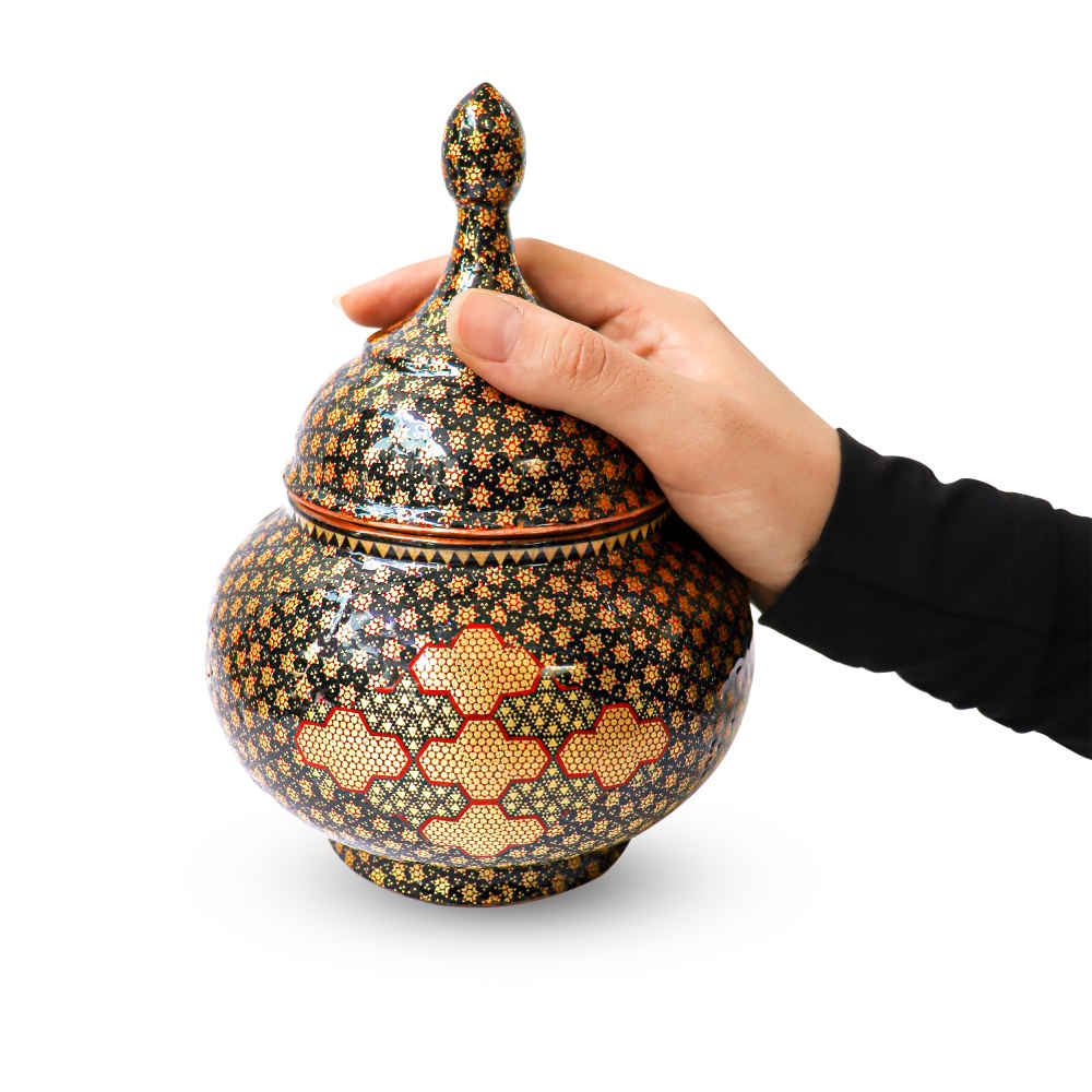 Sucrier persan artisanal en cuivre décoré avec l’art de la marqueterie Khatam Darksaam