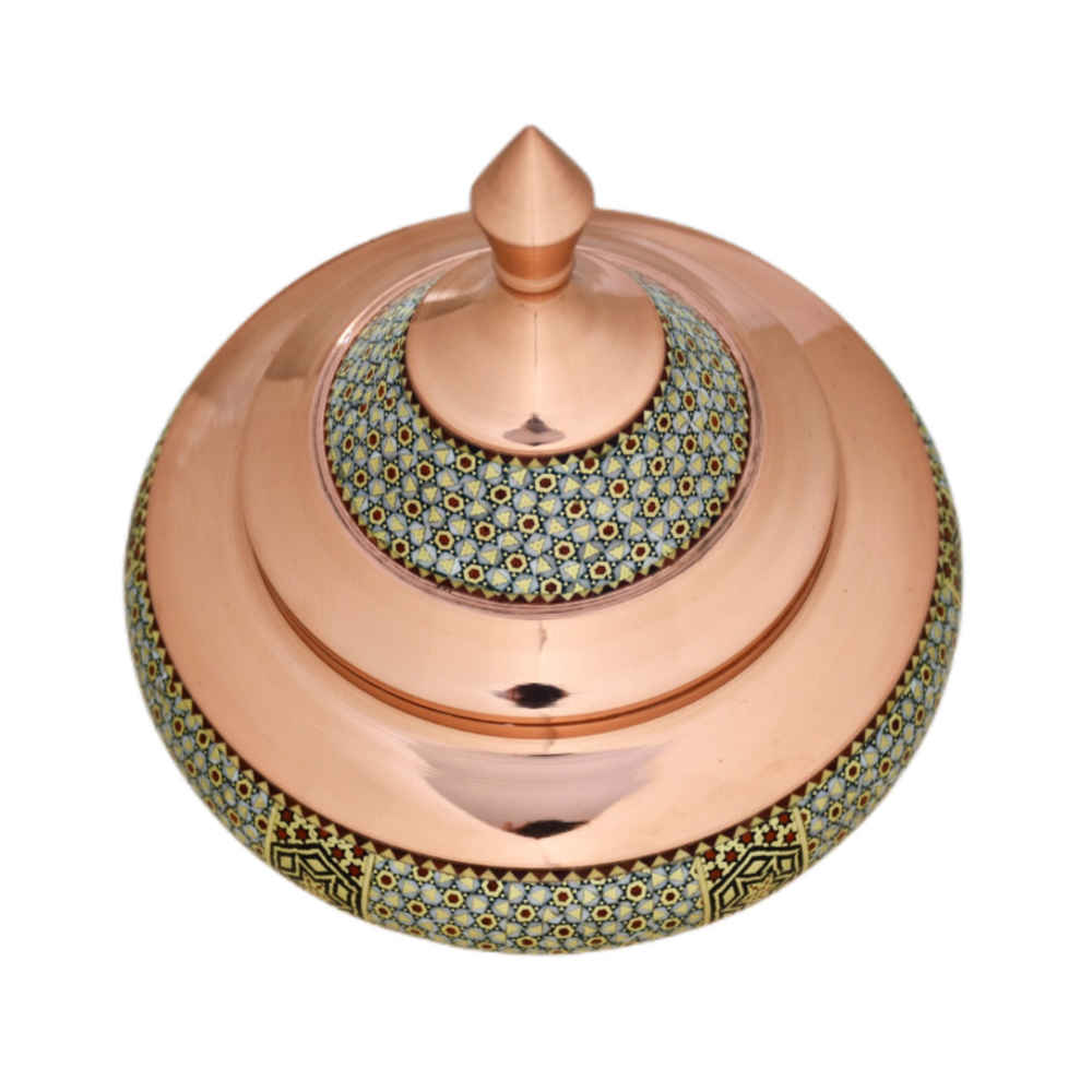 Sucrier persan artisanal en cuivre décoré avec l’art de la marqueterie Khatam Safinei