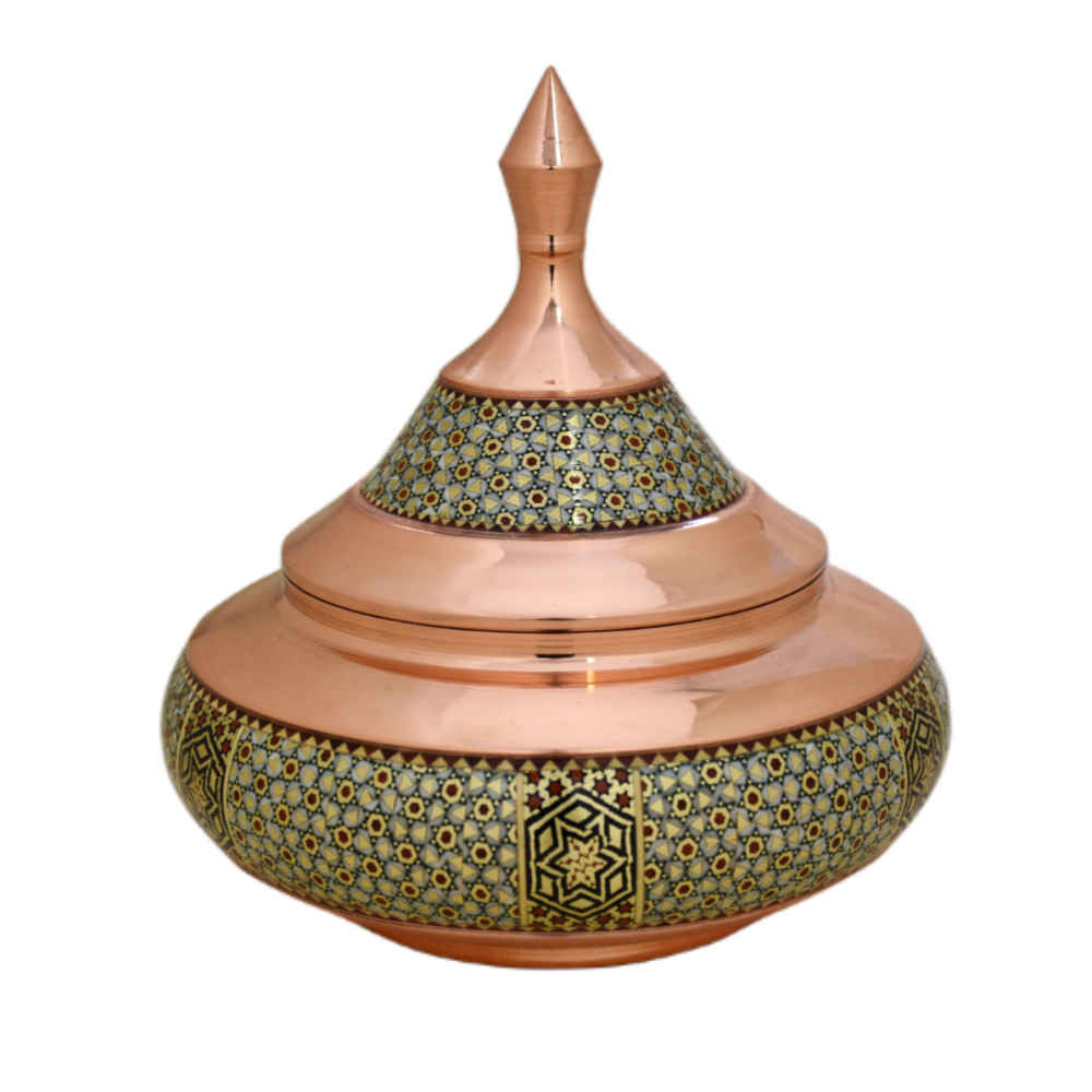 Sucrier persan artisanal en cuivre décoré avec l'art de la marqueterie Khatam Safinei