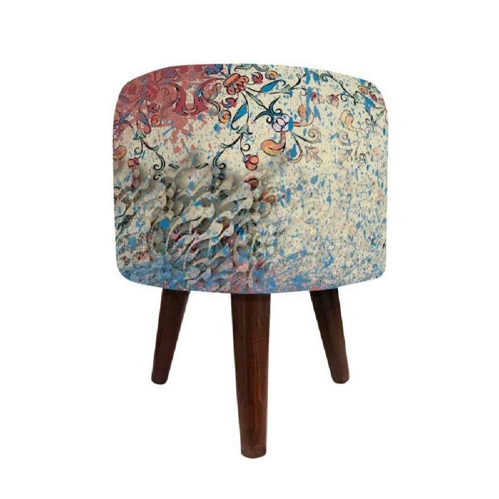 Pouf rond en velours avec pieds en bois inspiré de l'art persan gris Patina