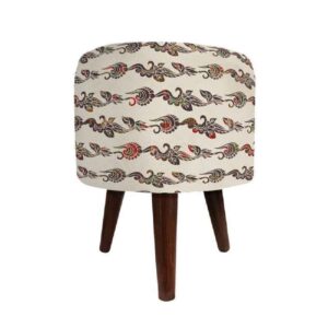 Pouf rond en velours avec pieds en bois inspiré de l’art persan blanc Tamana