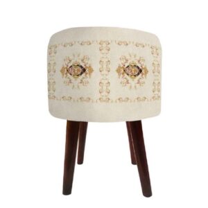 Pouf rond en velours avec pieds en bois inspiré de l’art persan crème Golabetoon