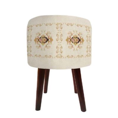 Pouf rond en velours avec pieds en bois inspiré de l'art persan crème Golabetoon