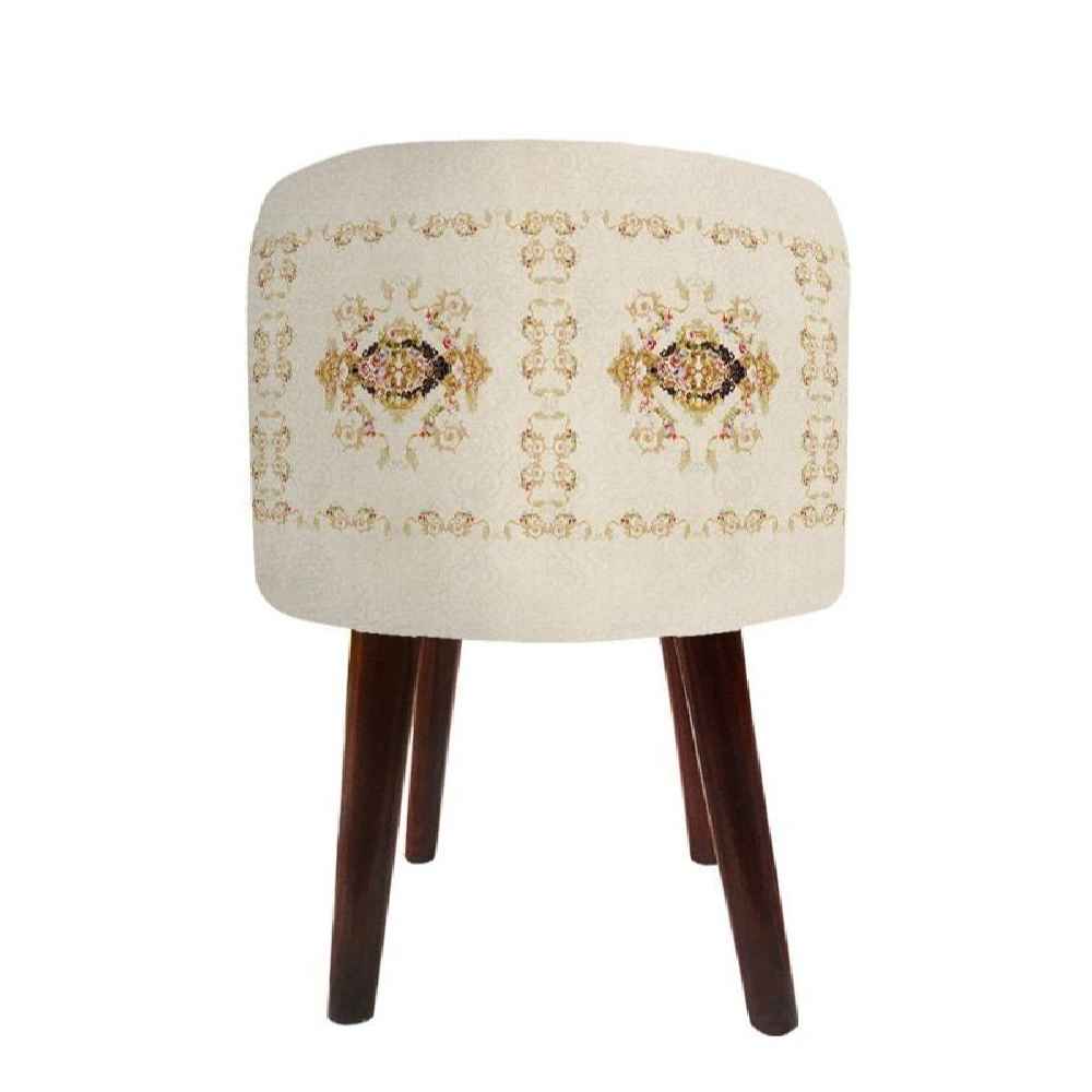 Pouf rond en velours avec pieds en bois inspiré de l'art persan crème Golabetoon