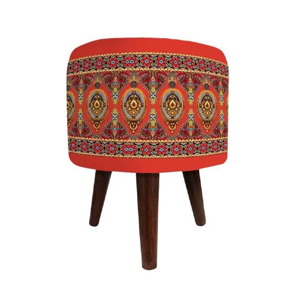 Pouf rond en velours avec pieds en bois inspiré de l'art persan orange Nahal