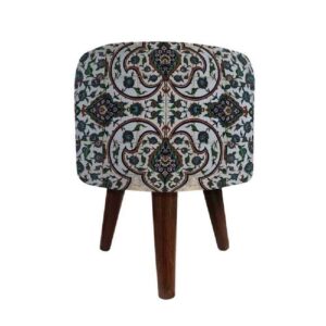Pouf rond en velours avec pieds en bois inspiré de l’art persan gris Nazanin