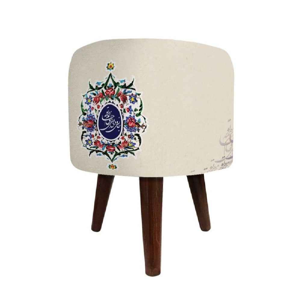 Pouf rond en velours avec pieds en bois inspiré de l'art persan crème romantique