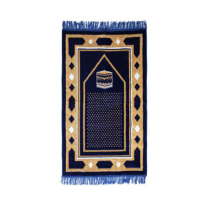 Tapis de Prière Islamique Rembourré en Velours Bleu avec Motif Kaaba pour Musulmans