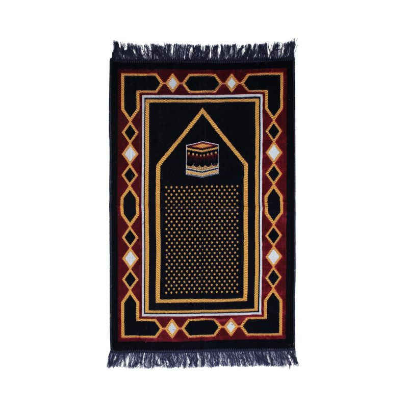Tapis de Prière Islamique Rembourré en Velours Bleu avec Motif Kaaba pour Musulmans