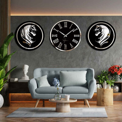 Ensemble moderne d’horloges murales en 3 pièces Cheval