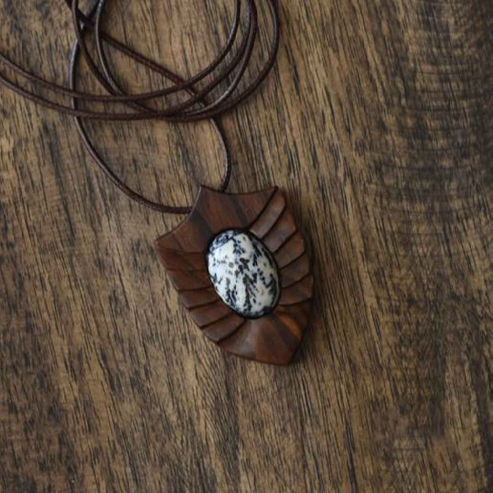 Pendentif en bois sculpté avec pierre Agate fait main artistique Toranj