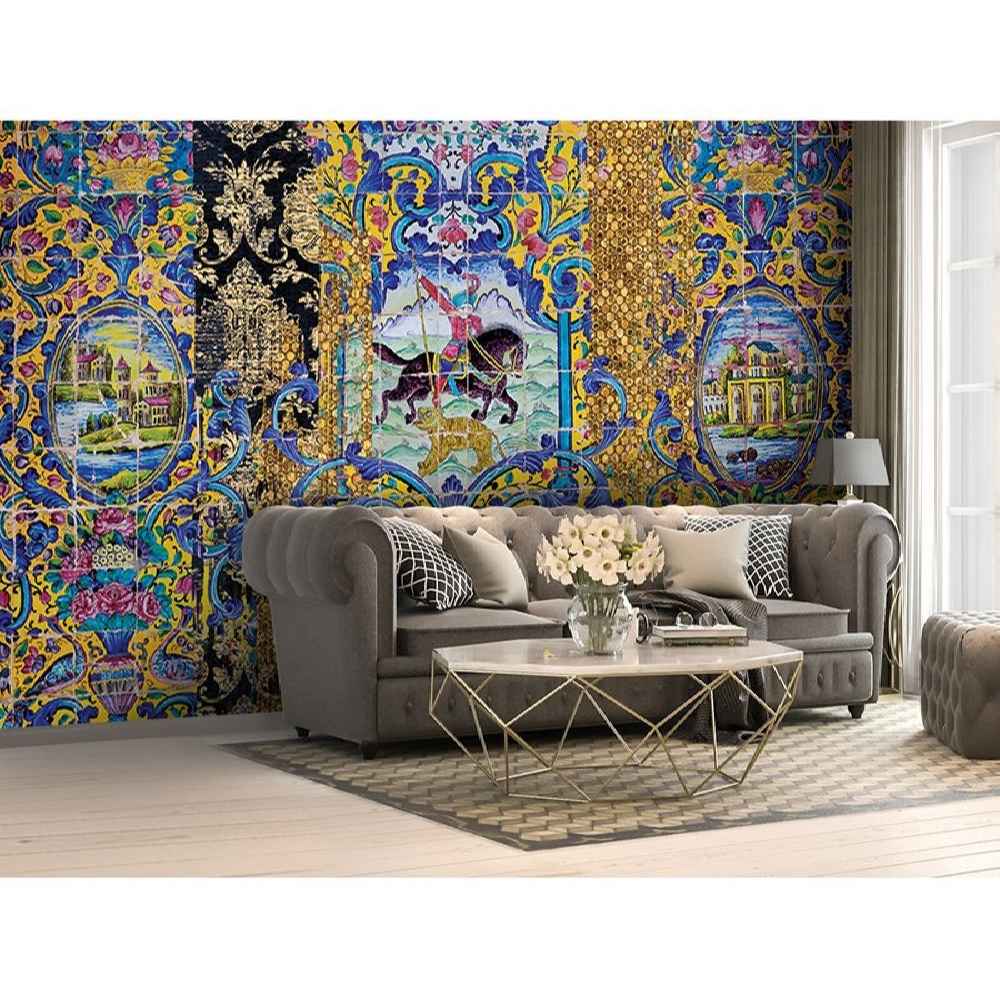 Fresque murale traditionnelle persane bleue modèle Cheval pour intérieurs modernes