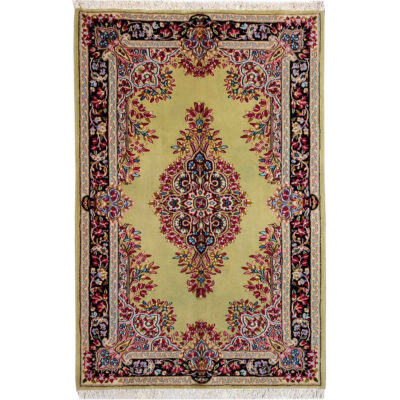 Tapis persan noué main Kerman Narenj – Médaillon floral, laine de liège verte