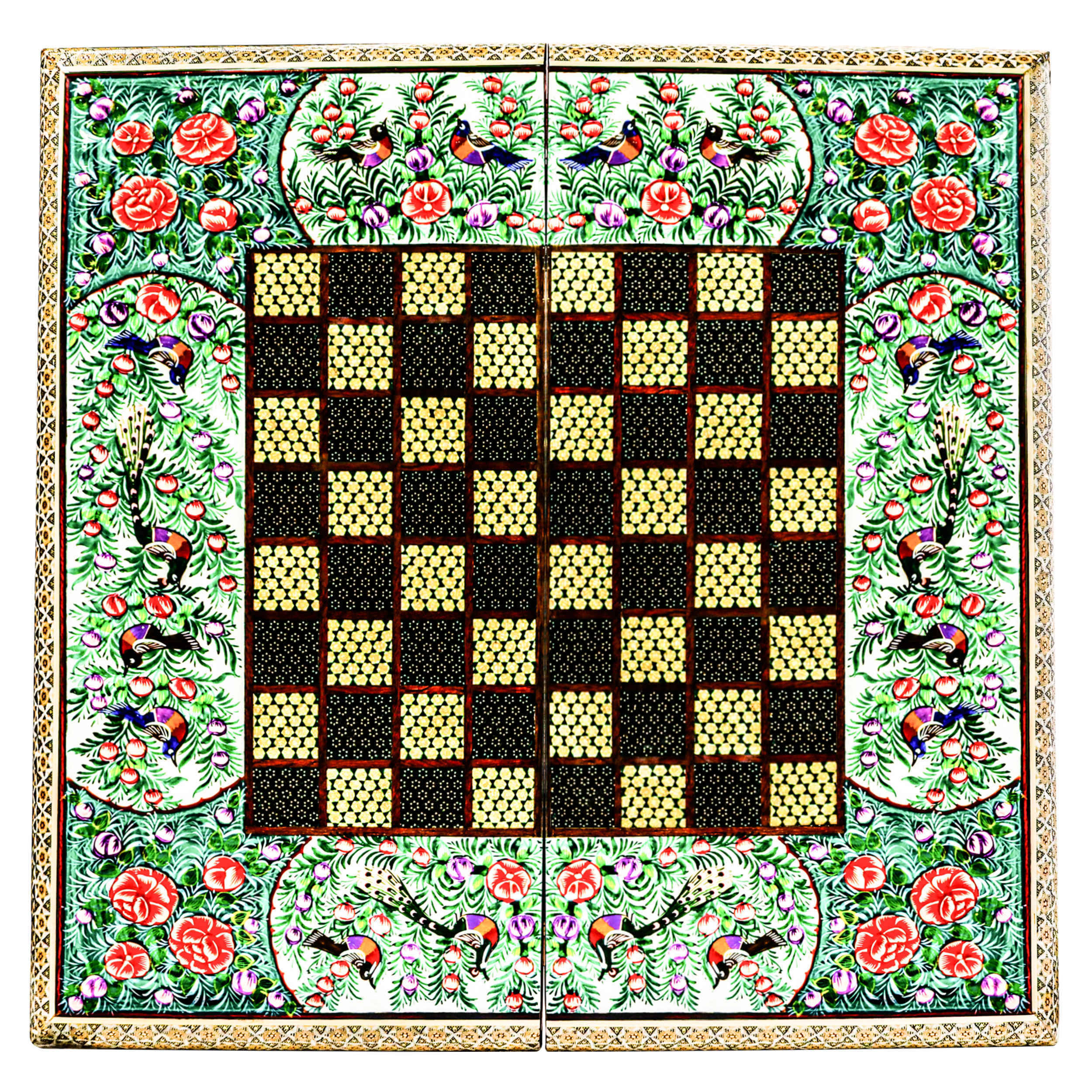 Plateau d'Échecs en Marqueterie Incrustée en Bois Persan Modèle Naghashi