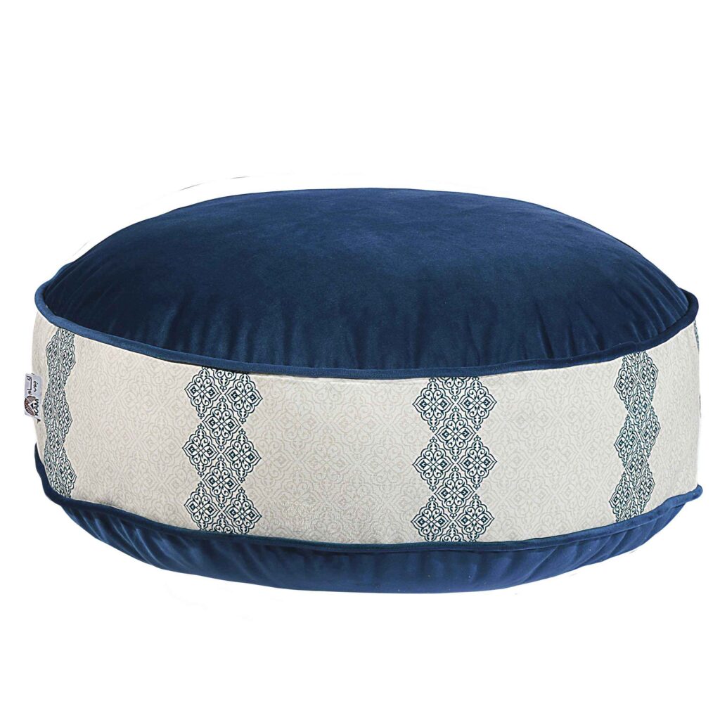 Pouf boho rond en velours inspiré de l'art persan bleu marine Afagh