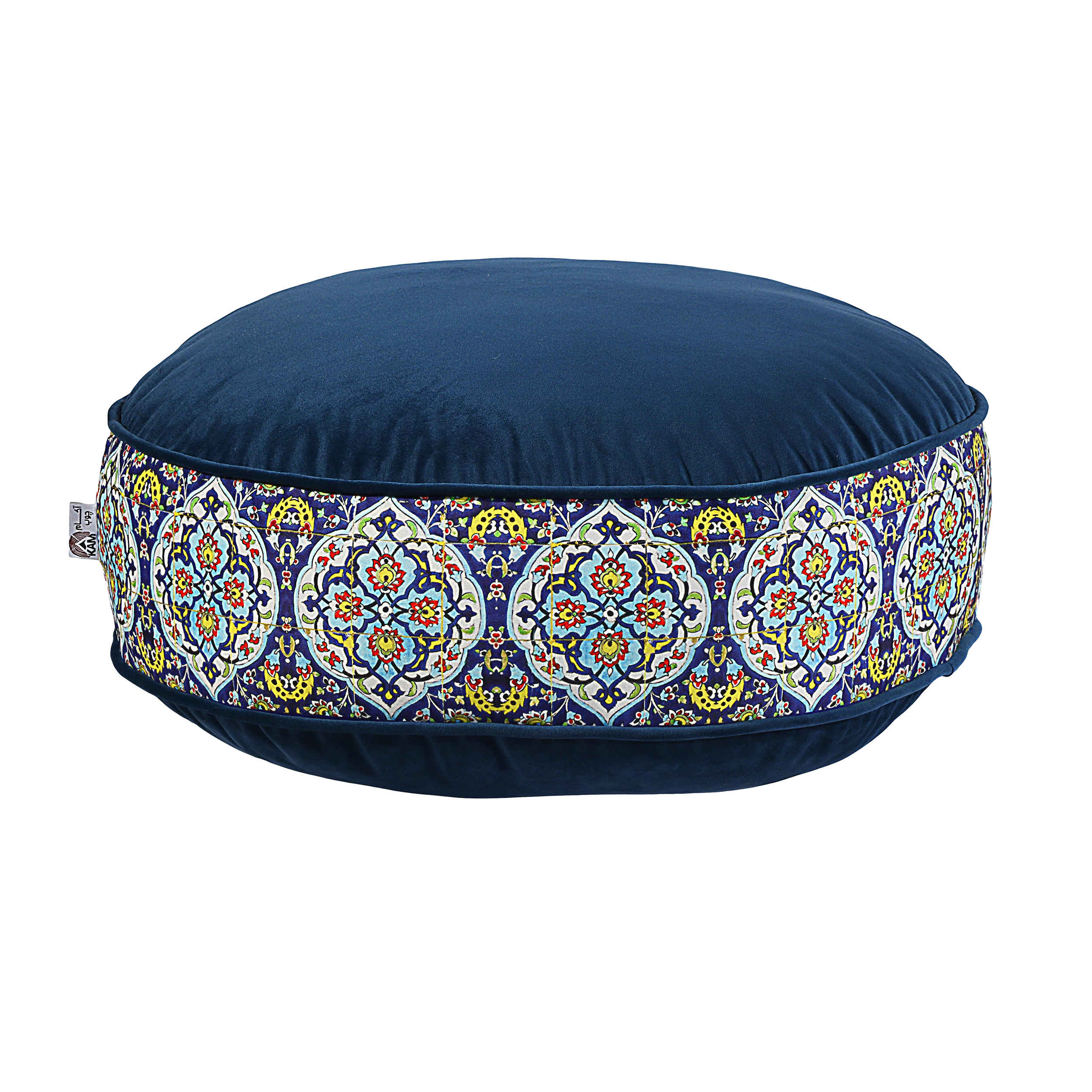 Pouf boho rond en velours inspiré de l'art persan bleu Akam
