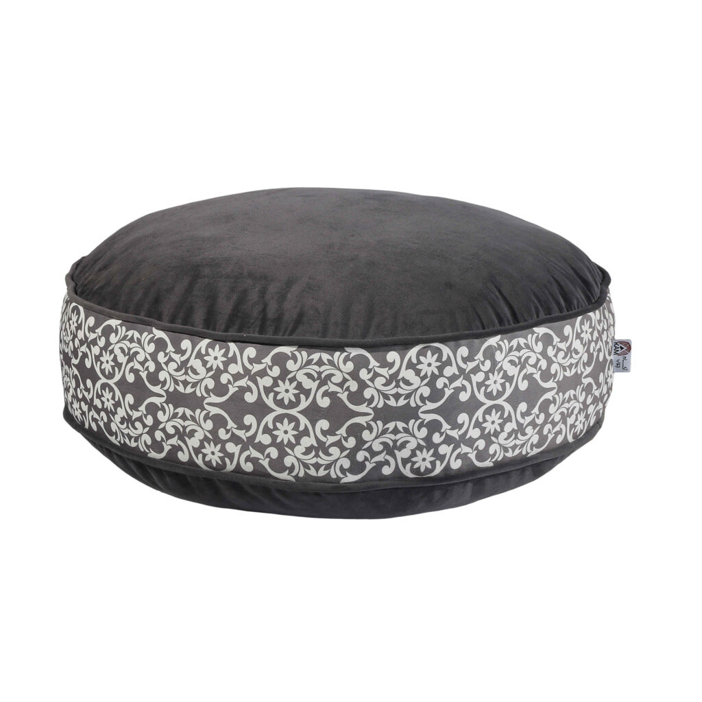 Pouf boho rond en velours inspiré de l'art persan gris Malih