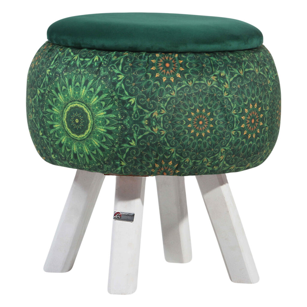 Pouf rond en velours avec pieds en bois inspiré de l'art persan vert Bahador