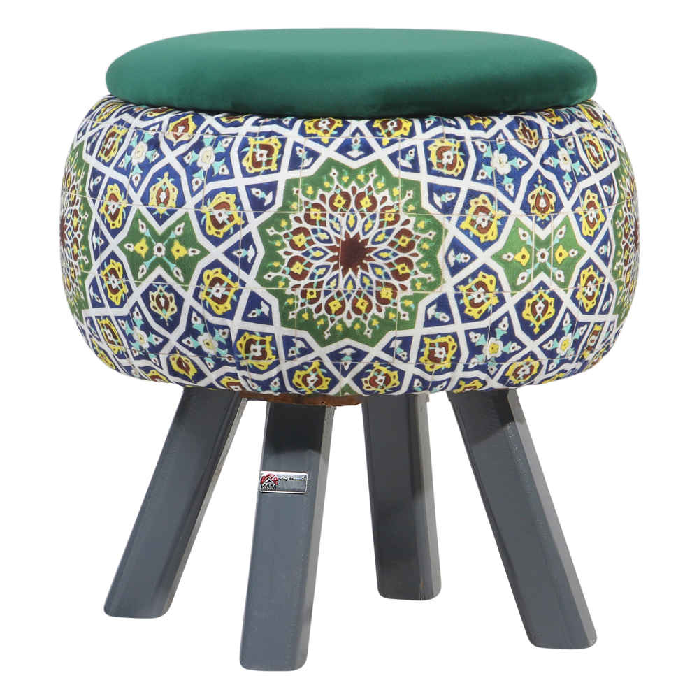 Pouf rond en velours avec pieds en bois inspiré de l’art persan vert Emad