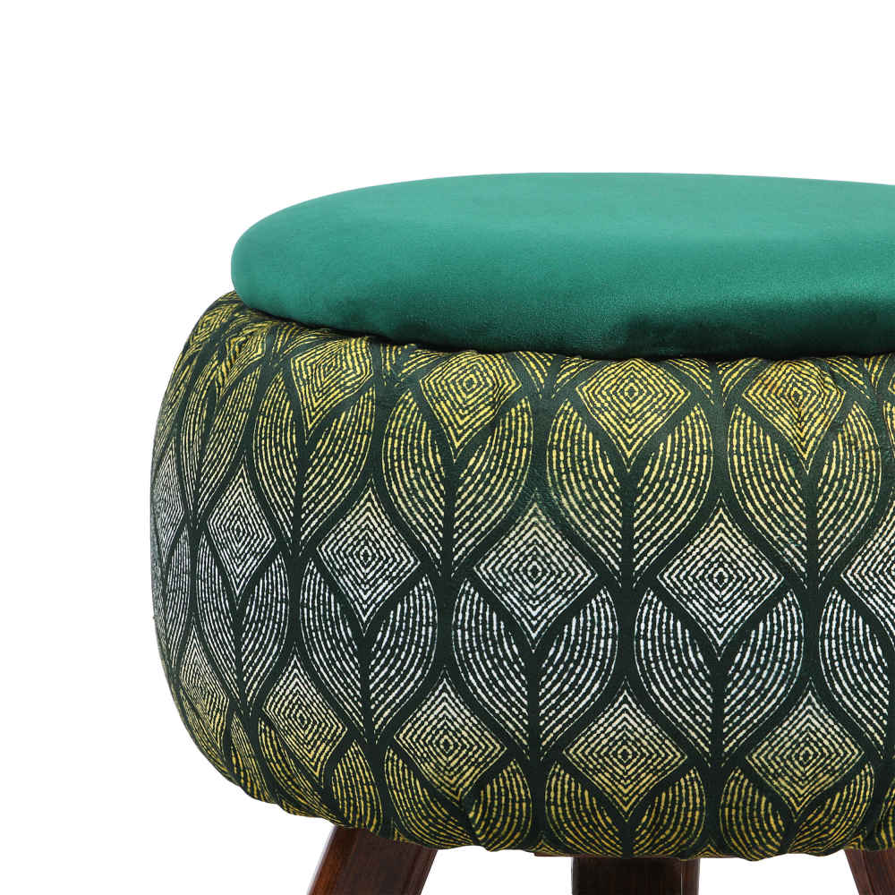 Pouf rond en velours avec pieds en bois inspiré de l’art persan vert Naghme