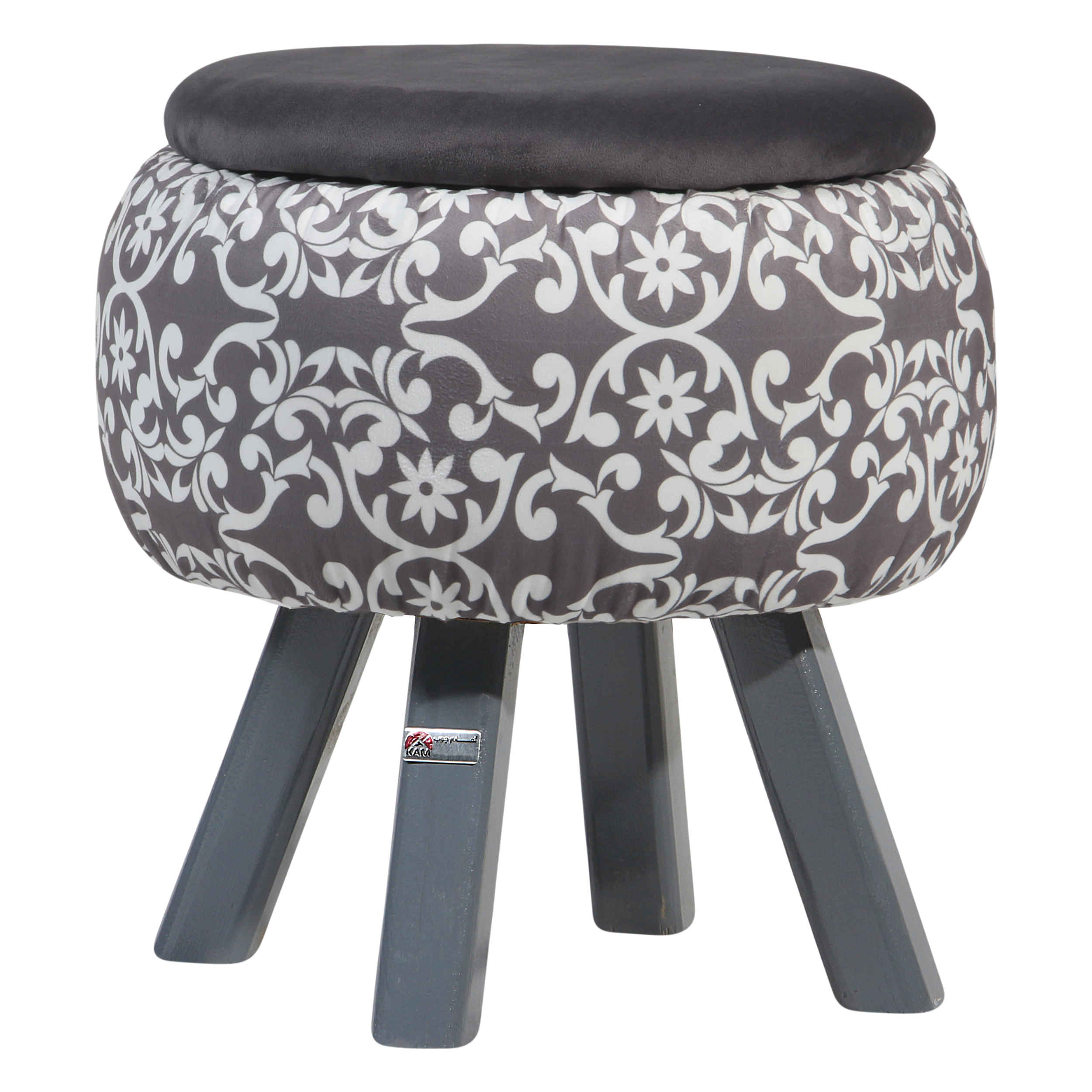 Pouf rond en velours avec pieds en bois inspiré de l'art persan gris Dorsa