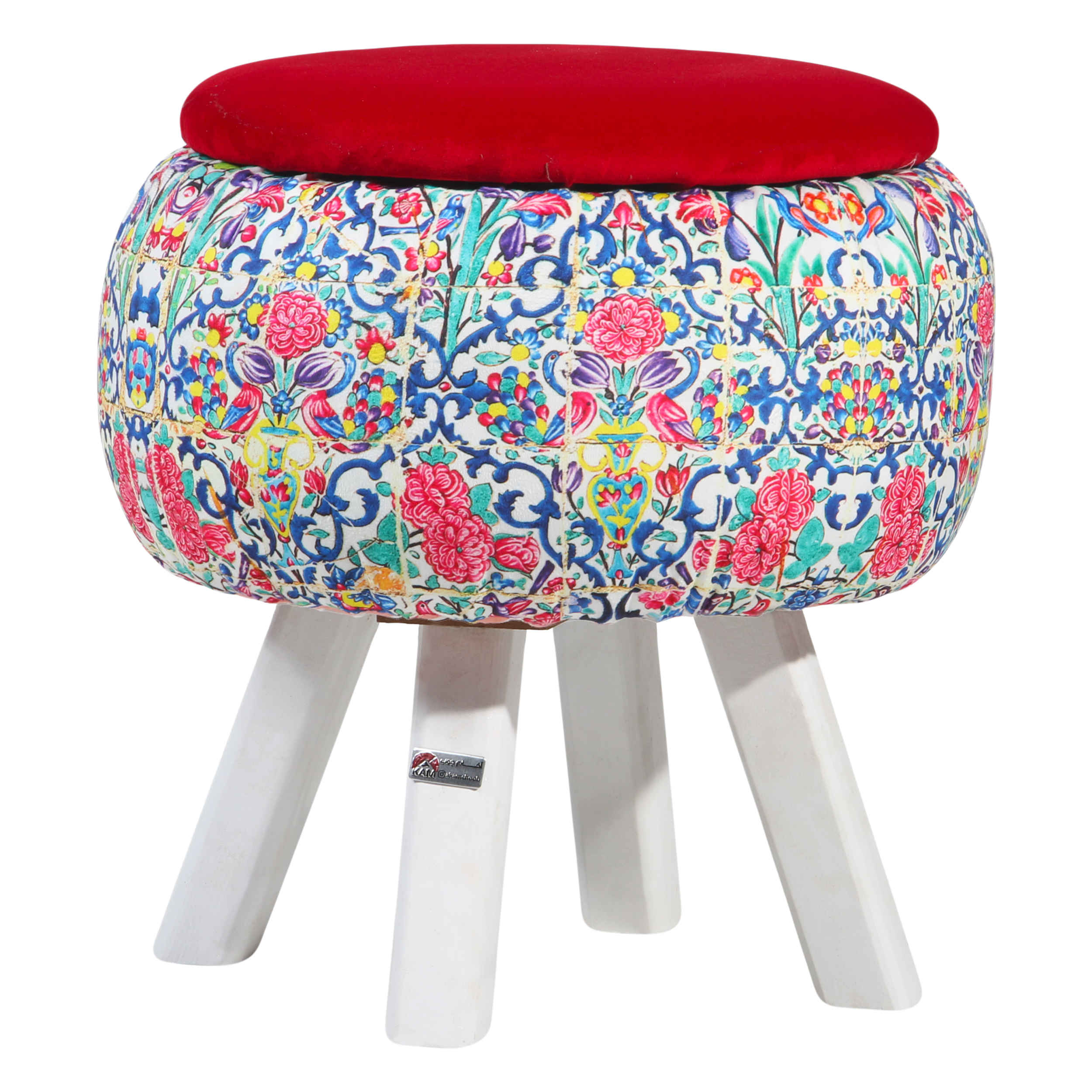 Pouf rond en velours avec pieds en bois inspiré de l'art persan bordeaux Hanife
