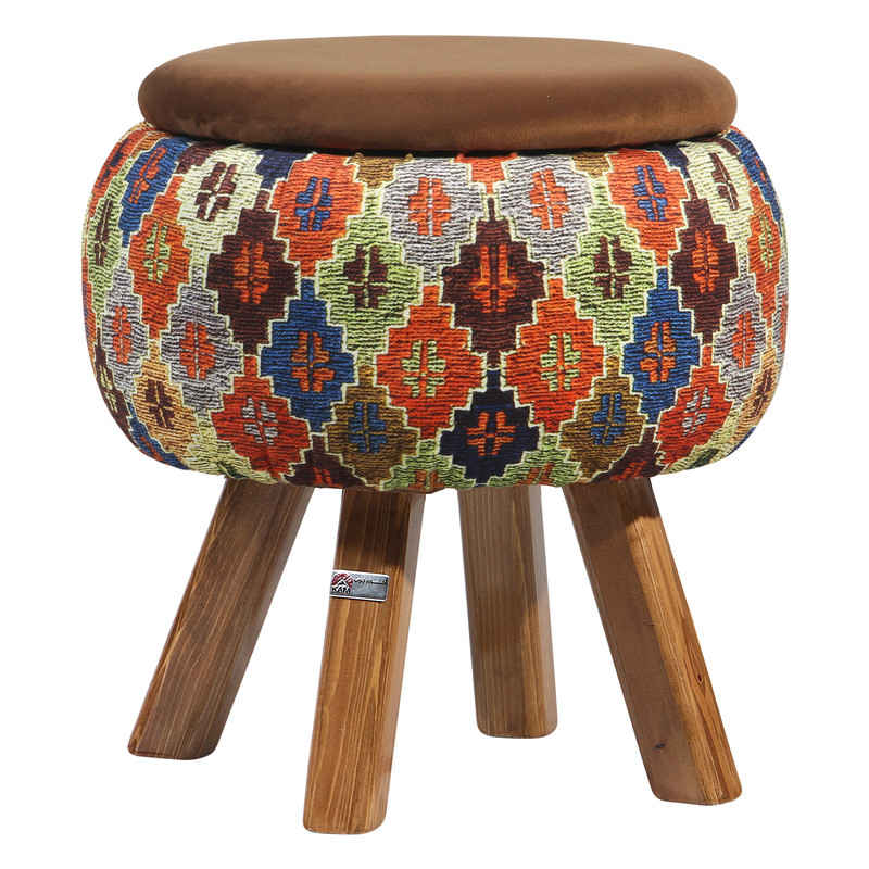 Pouf rond en velours avec pieds en bois inspiré de l'art persan marron Mahta