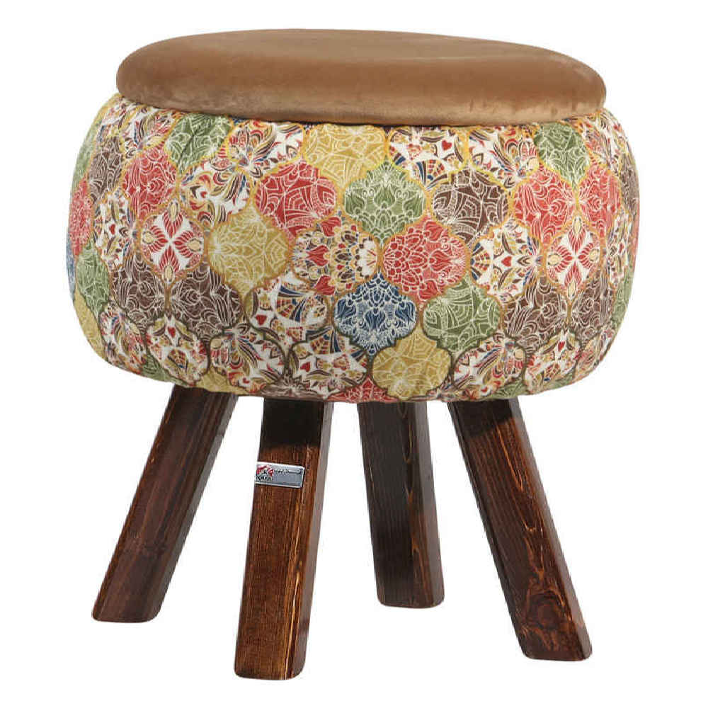 Pouf rond en velours avec pieds en bois inspiré de l'art persan marron Negar