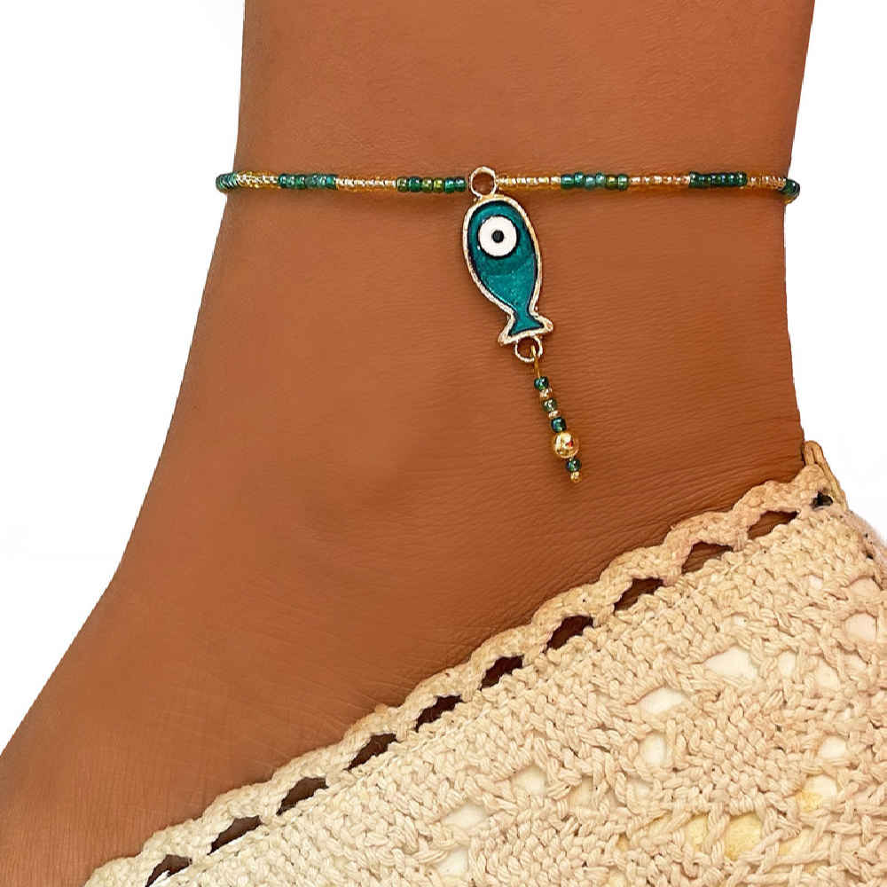 Bracelet Cheville en Acier Cheshm Nazar Modèle Fish (Perlé)