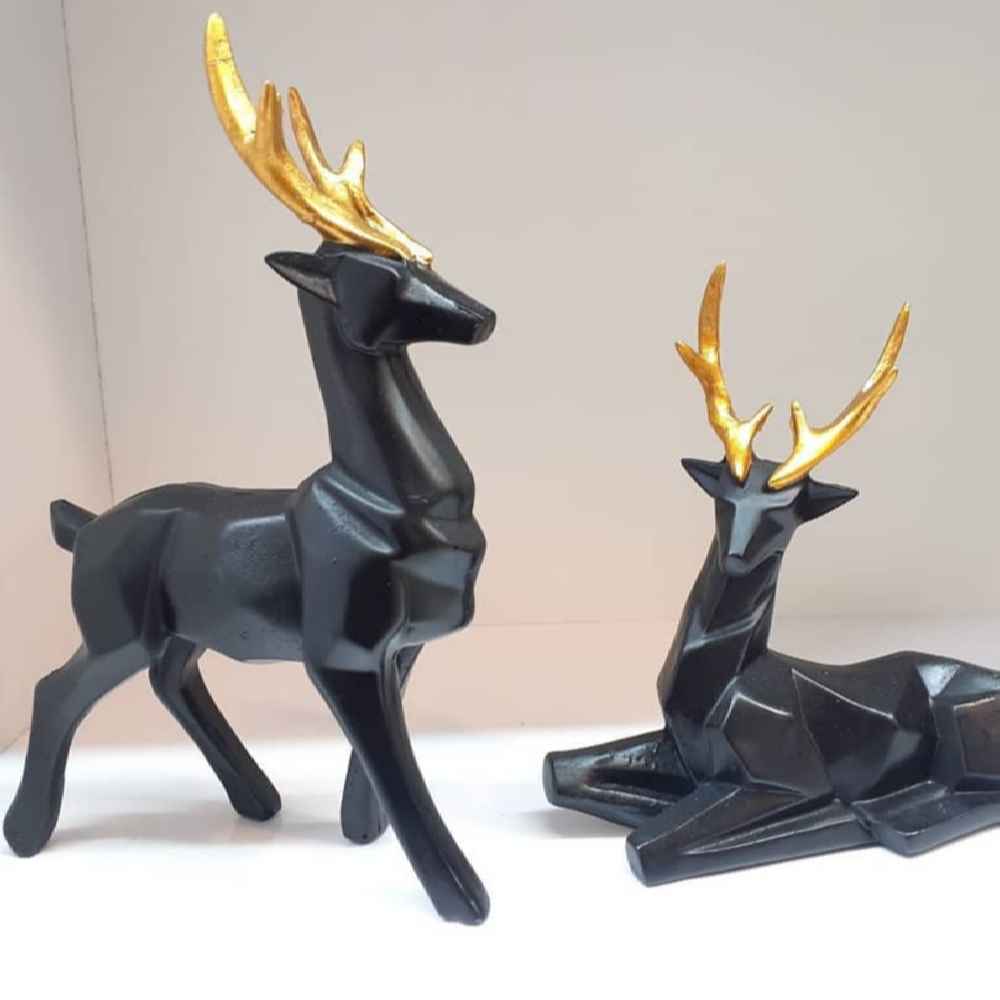 Ensemble de 2 figurines géométriques de cerf cubisme en polyester noir – Artistique