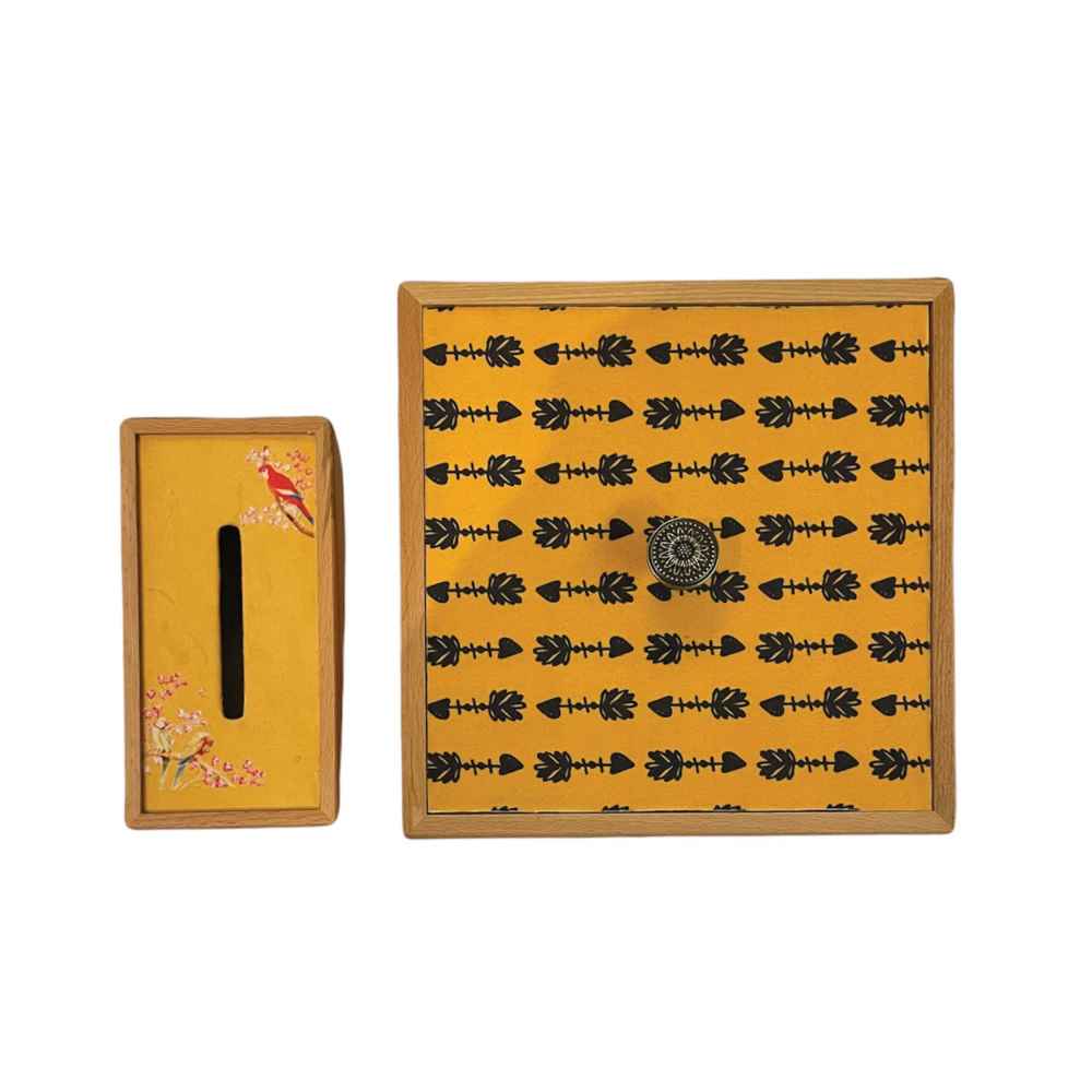 Ensemble corbeille et boîte à mouchoirs en bois – Modèle Perroquet