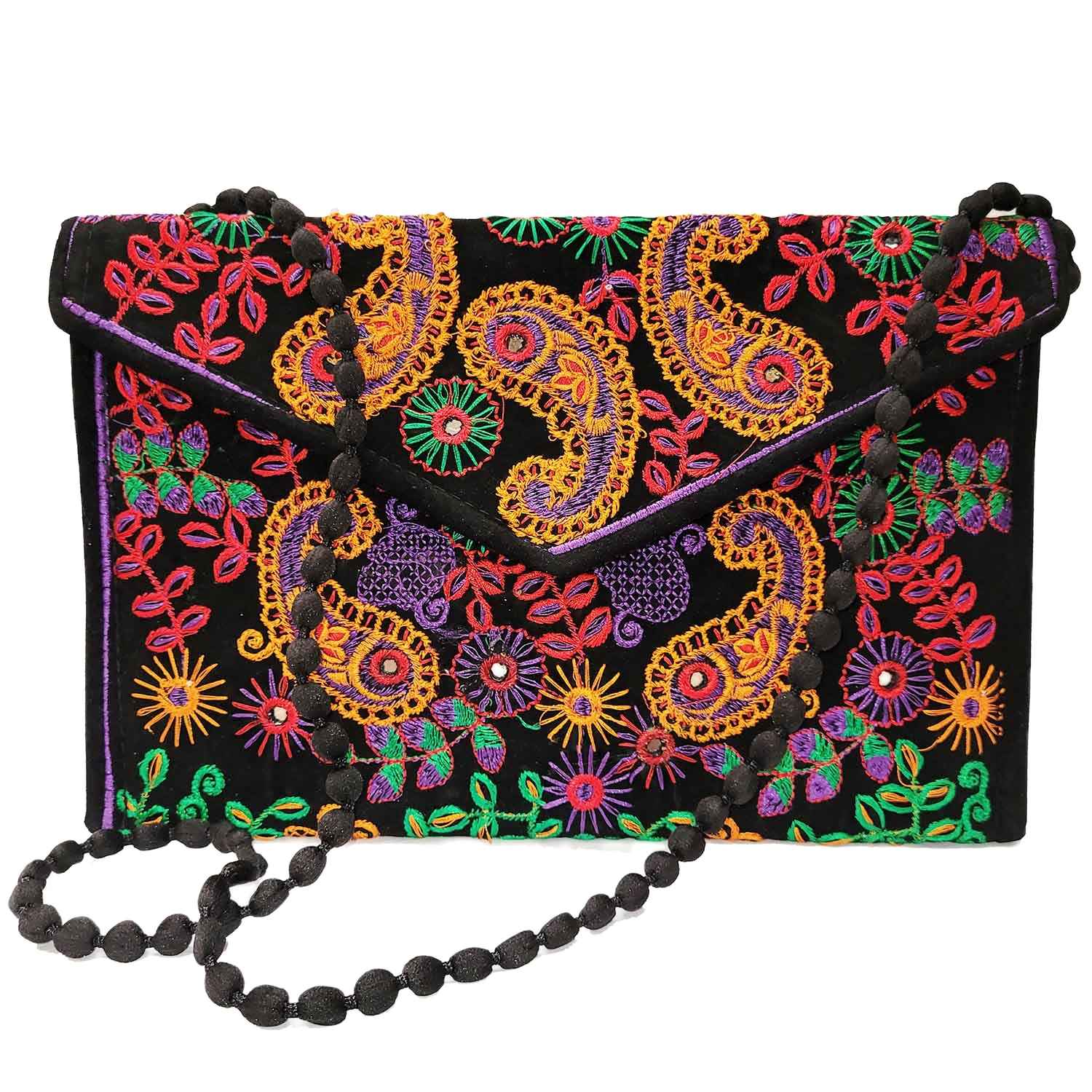 Sac à main ethnique en velours brodé avec motif Paisley