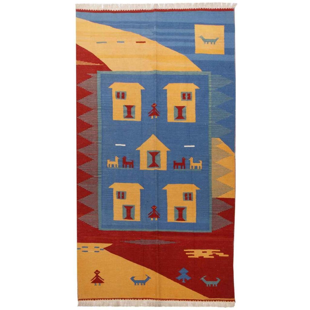 Tapis Kilim en laine persane tissé à la main Modèle Qajari Bleu
