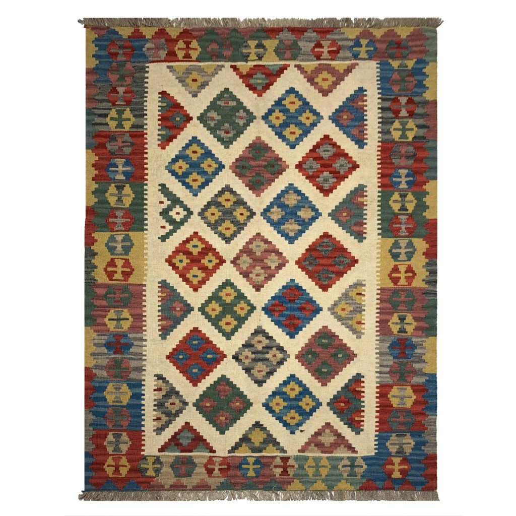 Tapis Kilim en laine persane tissé à la main Traditionnel Qashqai