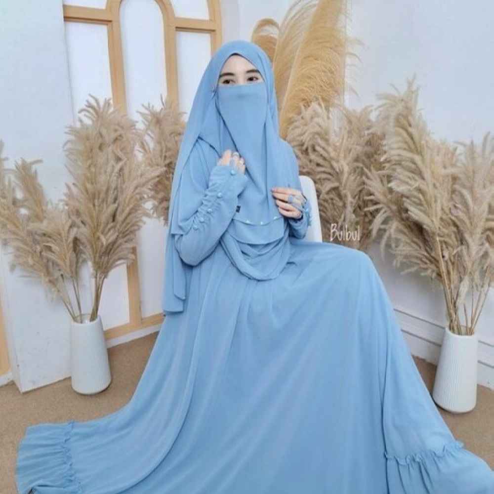 Foulard carré musulman bleu clair & demi-niqab pour femmes