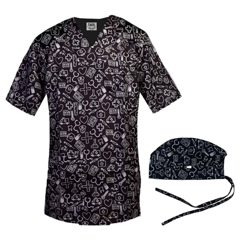 Blouse médicale noire pour homme et ensemble de bonnet – Élégante et professionnelle